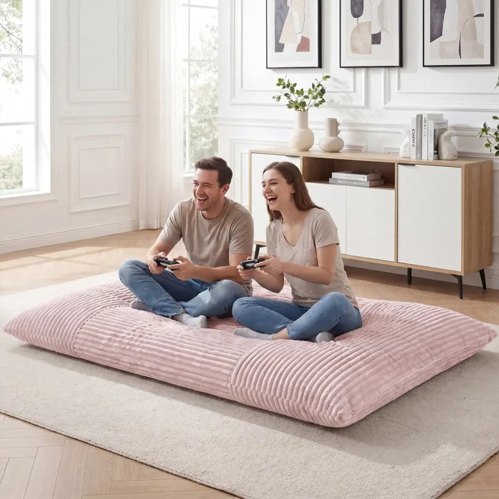 Convertible Bean Bag Floor Sofa with Machine-washable Corduroy Cover-Pink - Pink - Floor Chairs