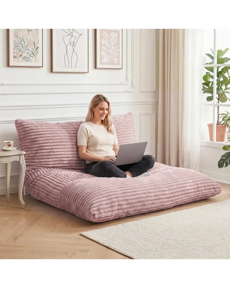 Convertible Bean Bag Floor Sofa with Machine-washable Corduroy Cover-Pink - Pink - Floor Chairs