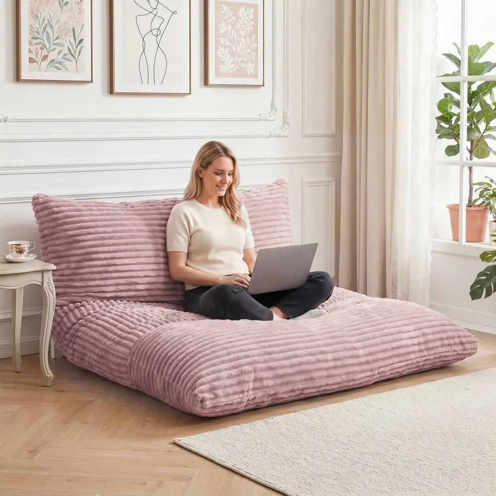 Convertible Bean Bag Floor Sofa with Machine-washable Corduroy Cover-Pink - Pink - Floor Chairs