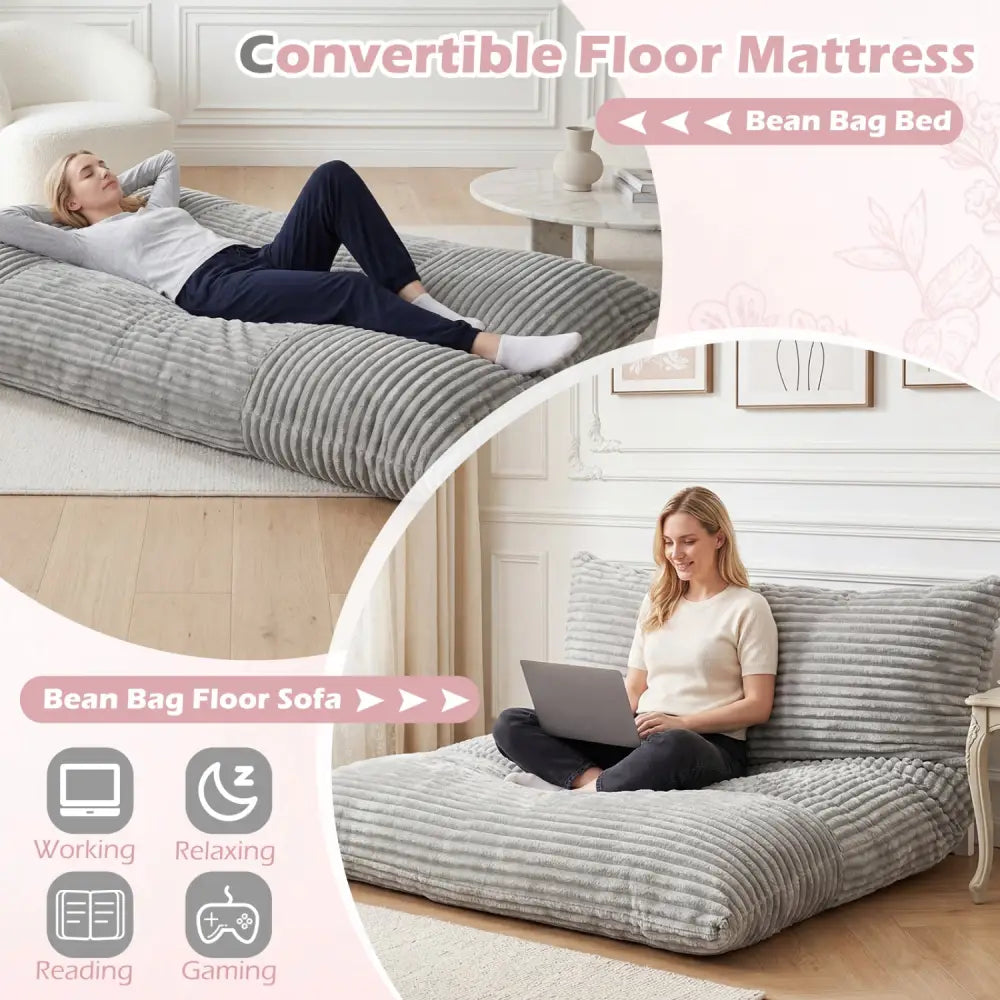 Convertible Bean Bag Floor Sofa with Machine-washable Corduroy Cover-Gray - Gray - Floor Chairs