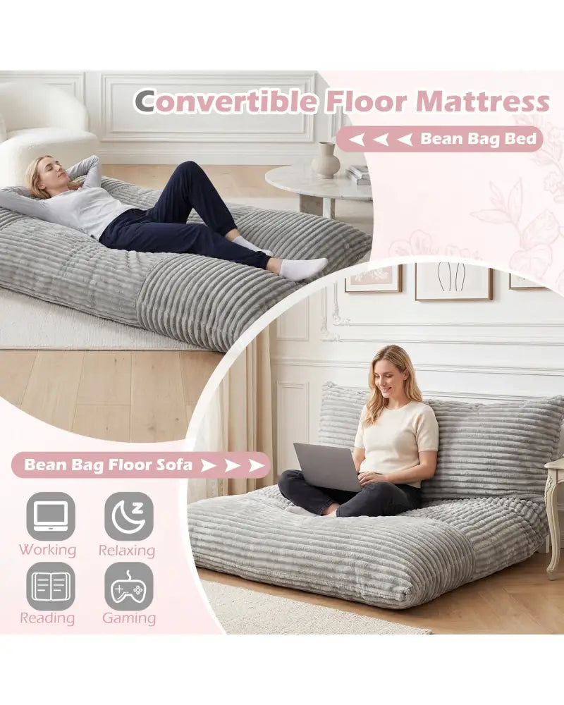 Convertible Bean Bag Floor Sofa with Machine-washable Corduroy Cover-Gray - Gray - Floor Chairs