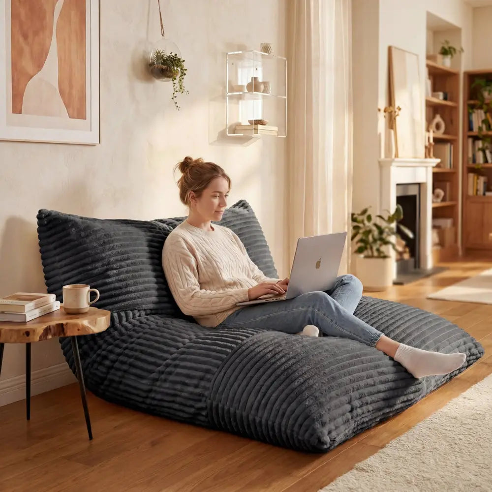 Convertible Bean Bag Floor Sofa with Machine-washable Corduroy Cover-Dark Gray - Dark Gray - Floor Chairs