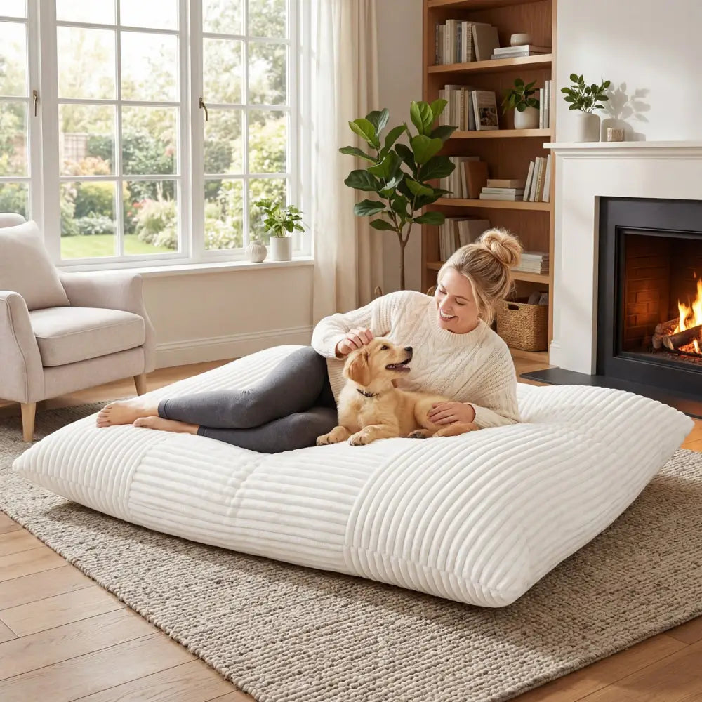 Convertible Bean Bag Floor Sofa with Machine-washable Corduroy Cover-Beige - Beige - Floor Chairs