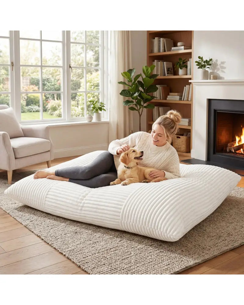 Convertible Bean Bag Floor Sofa with Machine-washable Corduroy Cover-Beige - Beige - Floor Chairs
