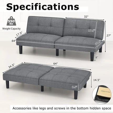 Convertible Folding Futon Sofa Bed with 6-Position Adjustable Backrest-Gray - Gray - Sofas & Loveseats