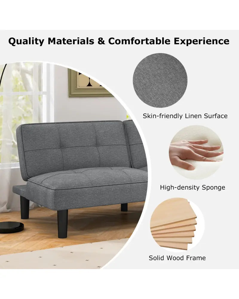 Convertible Folding Futon Sofa Bed with 6-Position Adjustable Backrest-Gray - Gray - Sofas & Loveseats