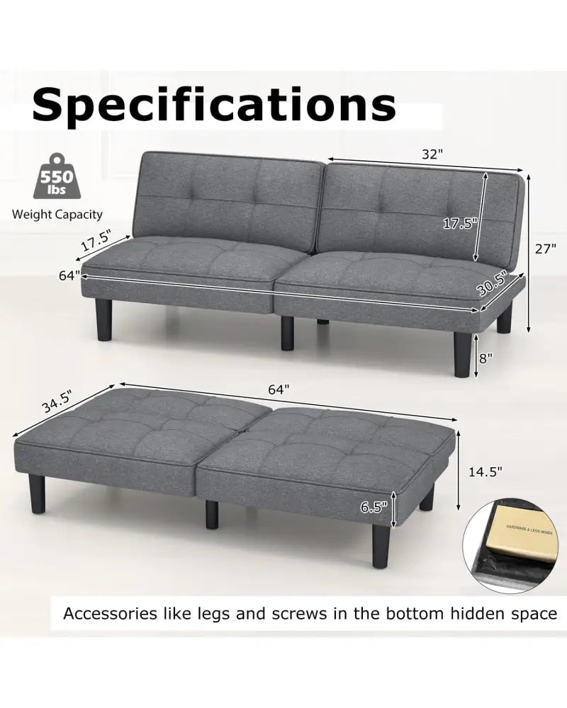Convertible Folding Futon Sofa Bed with 6-Position Adjustable Backrest-Gray - Gray - Sofas & Loveseats