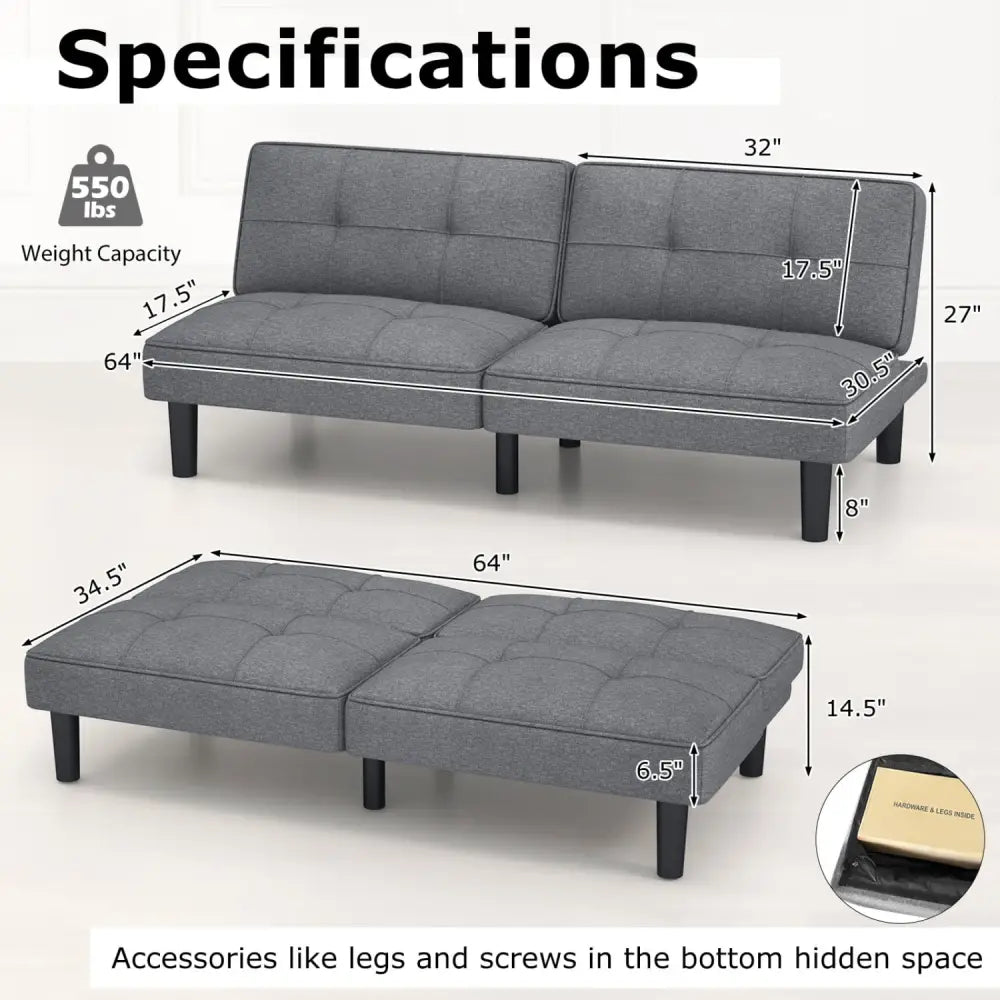 Convertible Folding Futon Sofa Bed with 6-Position Adjustable Backrest-Gray - Gray - Sofas & Loveseats