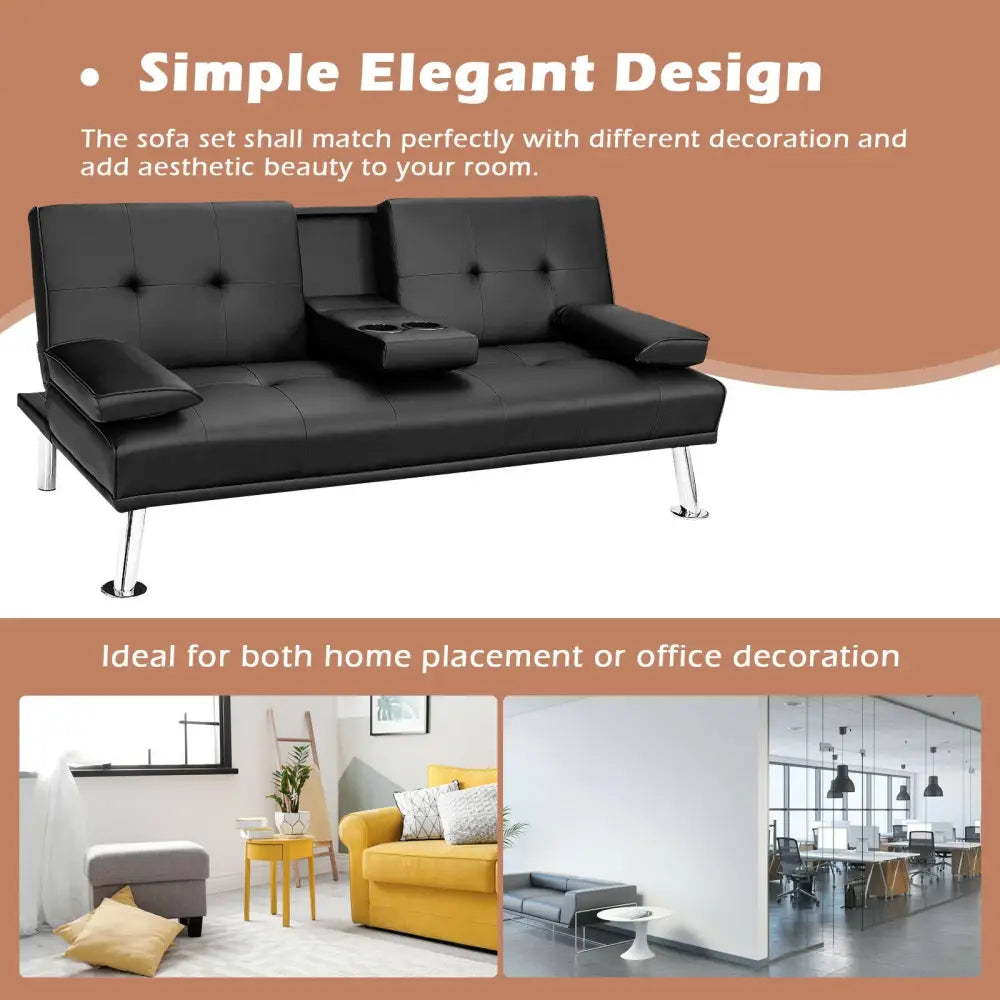 Convertible Folding Leather Futon Sofa with Cup Holders and Armrests-Black - Black - Sofas & Loveseats