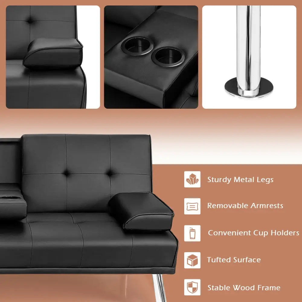 Convertible Folding Leather Futon Sofa with Cup Holders and Armrests-Black - Black - Sofas & Loveseats