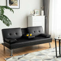 Convertible Folding Leather Futon Sofa with Cup Holders and Armrests-Black - Black - Sofas & Loveseats