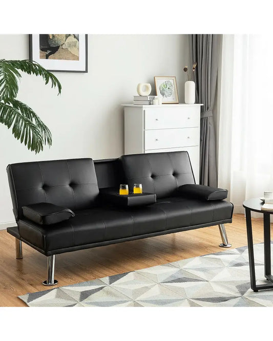 Convertible Folding Leather Futon Sofa with Cup Holders and Armrests-Black - Black - Sofas & Loveseats