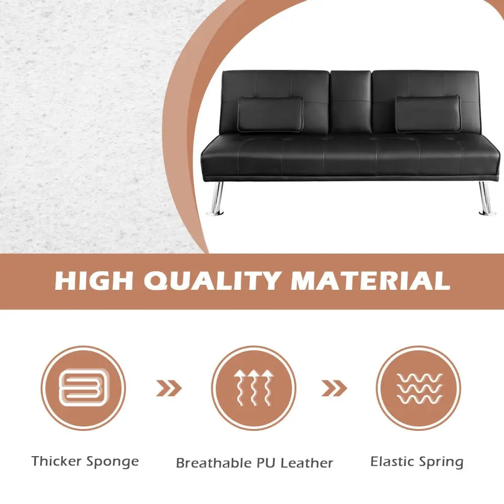 Convertible Folding Leather Futon Sofa with Cup Holders and Armrests-Black - Black - Sofas & Loveseats