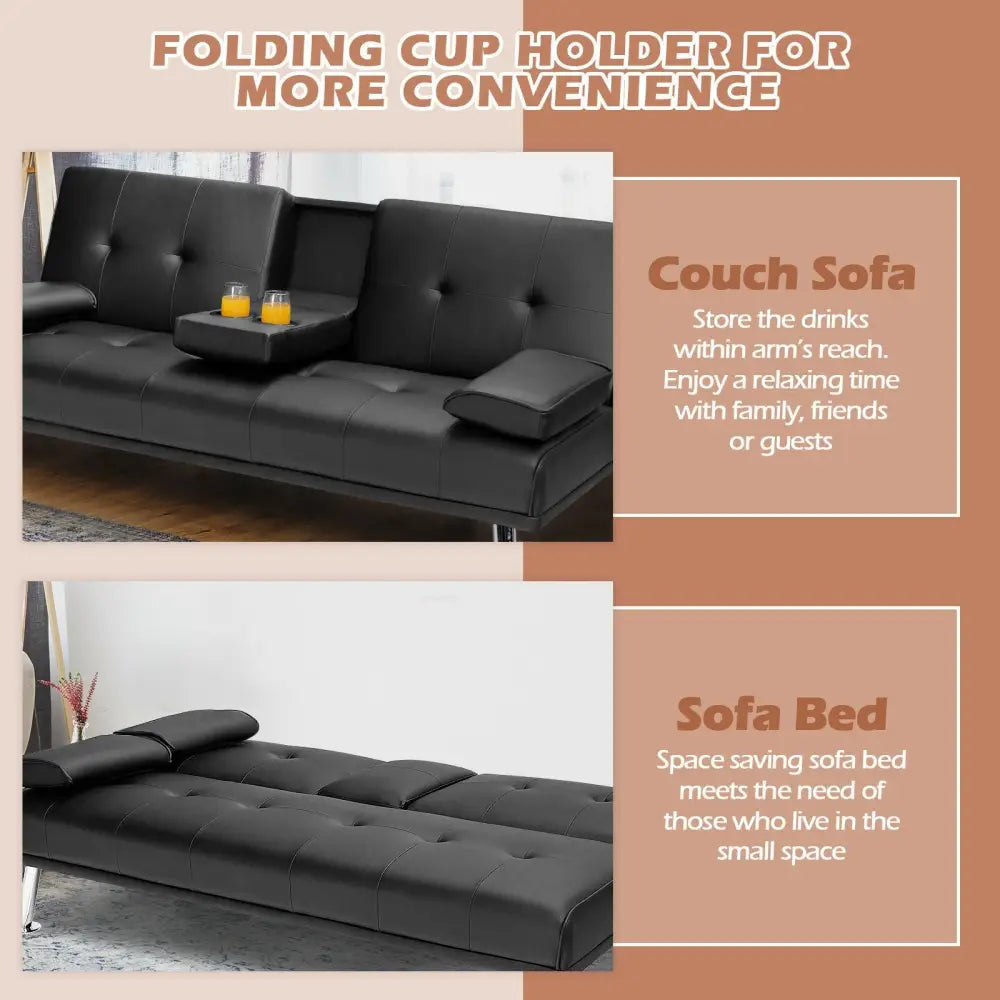 Convertible Folding Leather Futon Sofa with Cup Holders and Armrests-Black - Black - Sofas & Loveseats