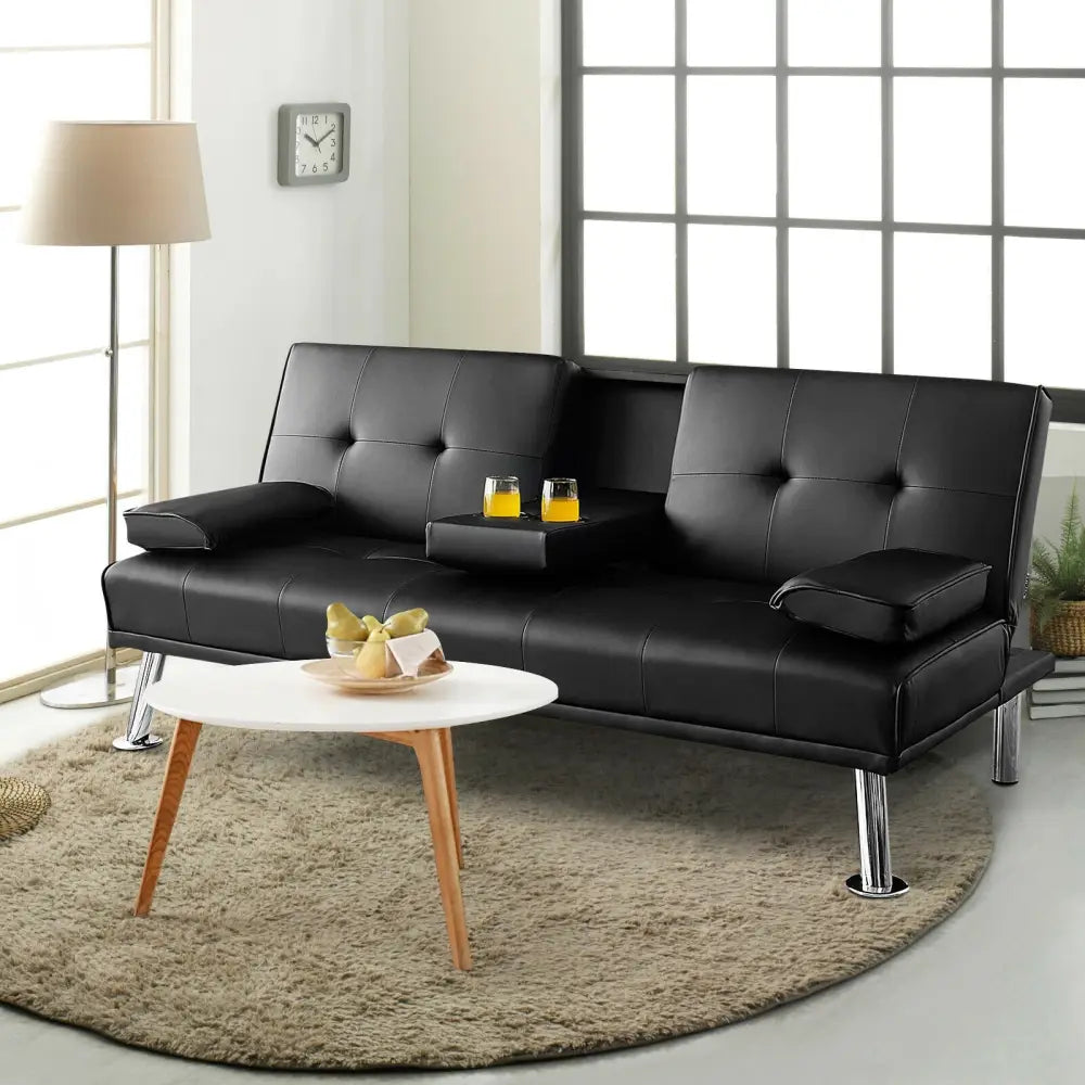 Convertible Folding Leather Futon Sofa with Cup Holders and Armrests-Black - Black - Sofas & Loveseats