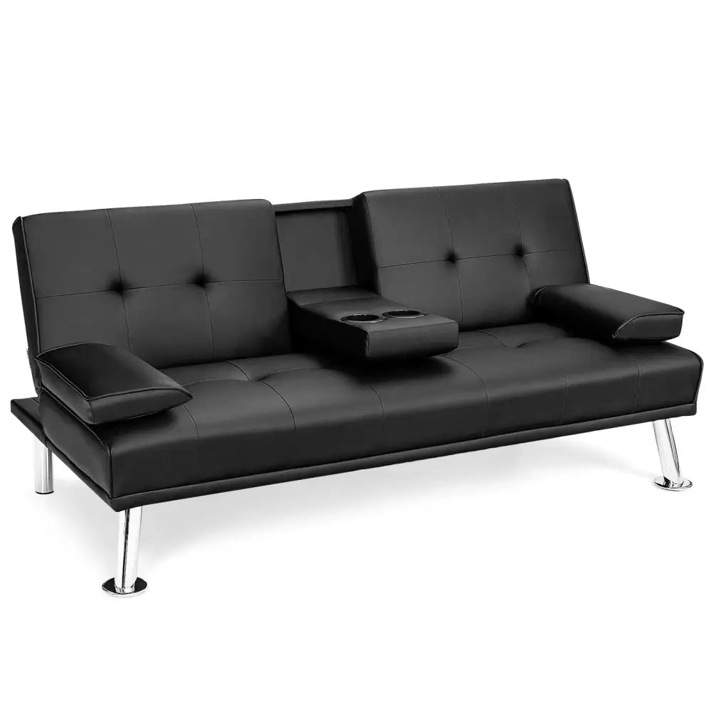 Convertible Folding Leather Futon Sofa with Cup Holders and Armrests-Black - Black - Sofas & Loveseats