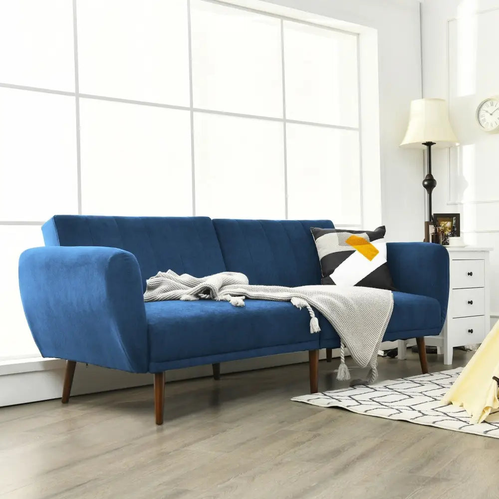 Convertible Futon Sofa Bed Adjustable Couch Sleeper with Wood Legs-Navy - Navy - Sofas & Loveseats