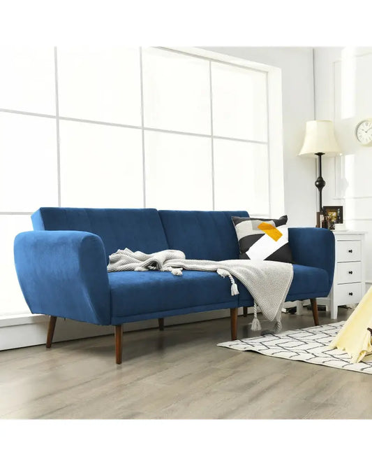 Convertible Futon Sofa Bed Adjustable Couch Sleeper with Wood Legs-Navy - Navy - Sofas & Loveseats