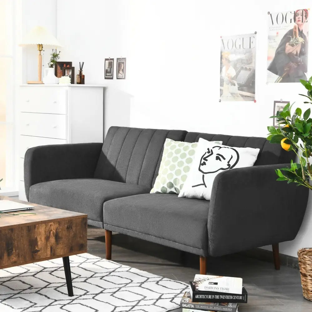 Convertible Futon Sofa Bed Adjustable Couch Sleeper with Wood Legs-Gray - Gray - Sofas & Loveseats