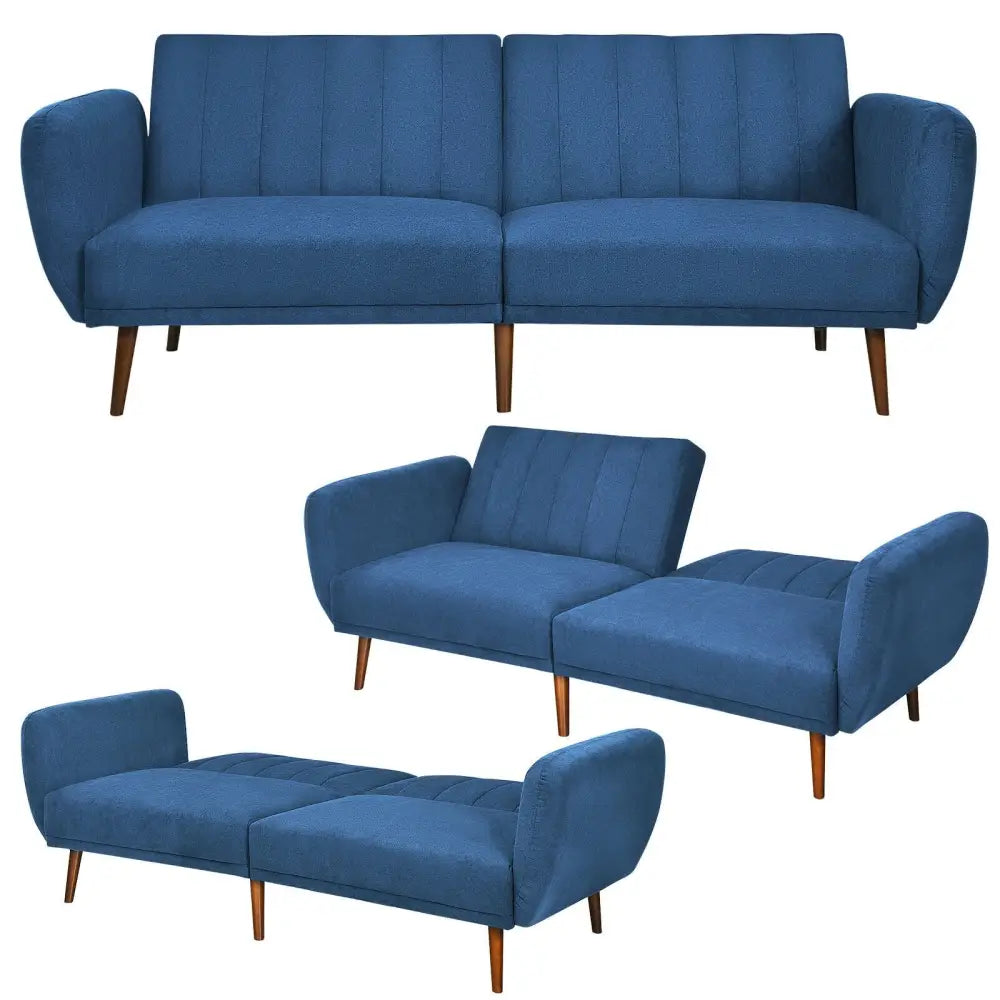 Convertible Futon Sofa Bed Adjustable Couch Sleeper with Wood Legs-Navy - Navy - Sofas & Loveseats