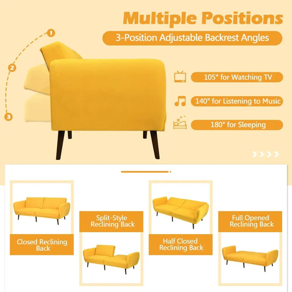 Convertible Futon Sofa Bed Adjustable Couch Sleeper with Wood Legs-Yellow - Yellow - Sofas & Loveseats