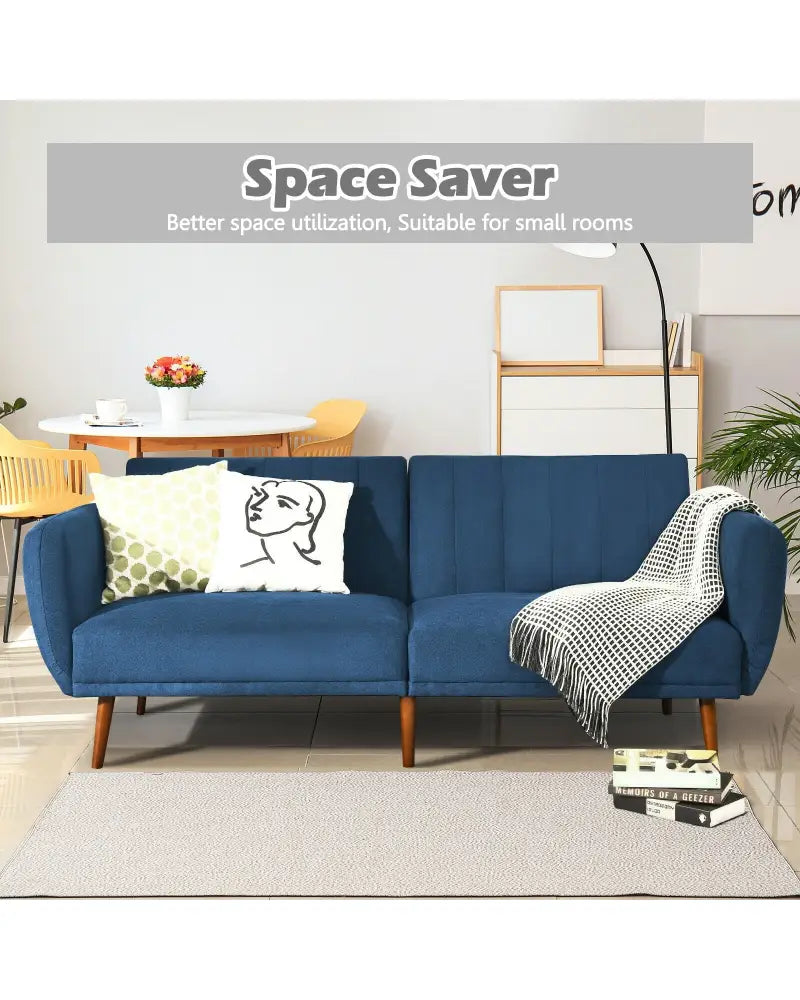 Convertible Futon Sofa Bed Adjustable Couch Sleeper with Wood Legs-Navy - Navy - Sofas & Loveseats