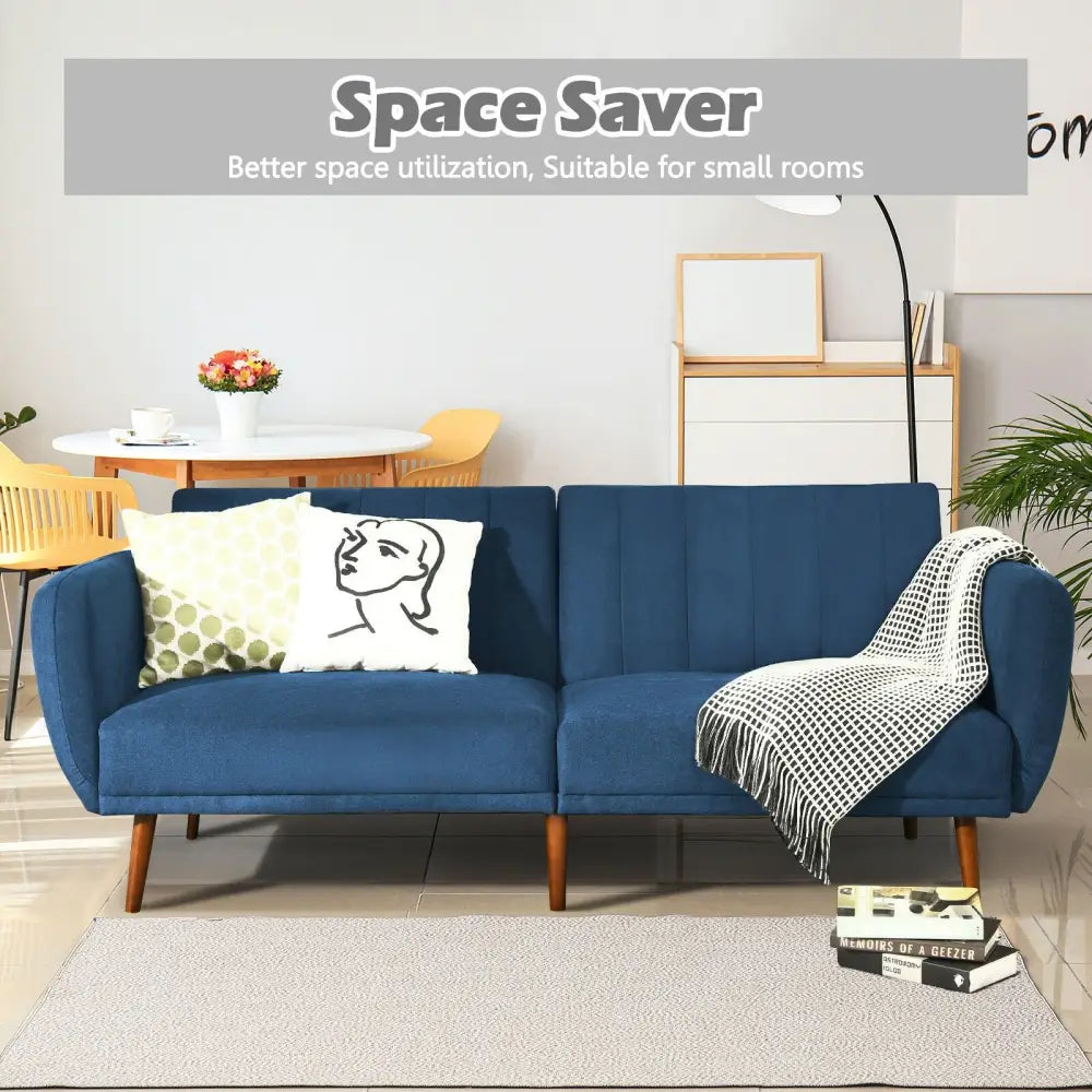 Convertible Futon Sofa Bed Adjustable Couch Sleeper with Wood Legs-Navy - Navy - Sofas & Loveseats