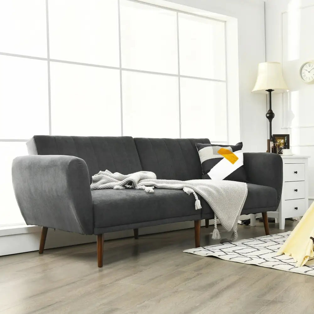 Convertible Futon Sofa Bed Adjustable Couch Sleeper with Wood Legs-Gray - Gray - Sofas & Loveseats
