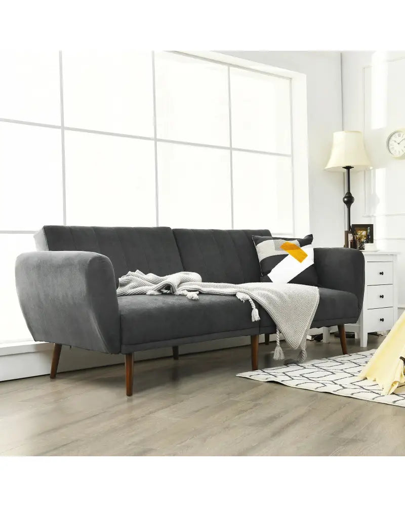 Convertible Futon Sofa Bed Adjustable Couch Sleeper with Wood Legs-Gray - Gray - Sofas & Loveseats