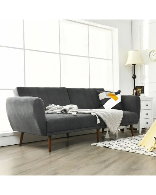 Convertible Futon Sofa Bed Adjustable Couch Sleeper with Wood Legs-Gray - Gray - Sofas & Loveseats