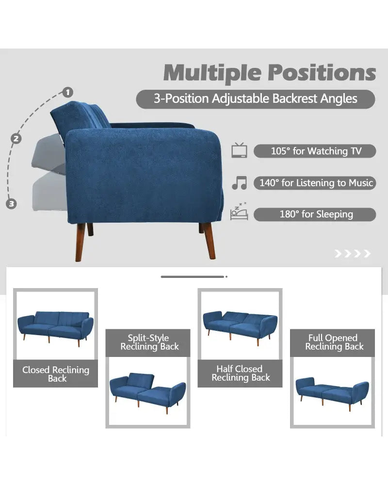 Convertible Futon Sofa Bed Adjustable Couch Sleeper with Wood Legs-Navy - Navy - Sofas & Loveseats