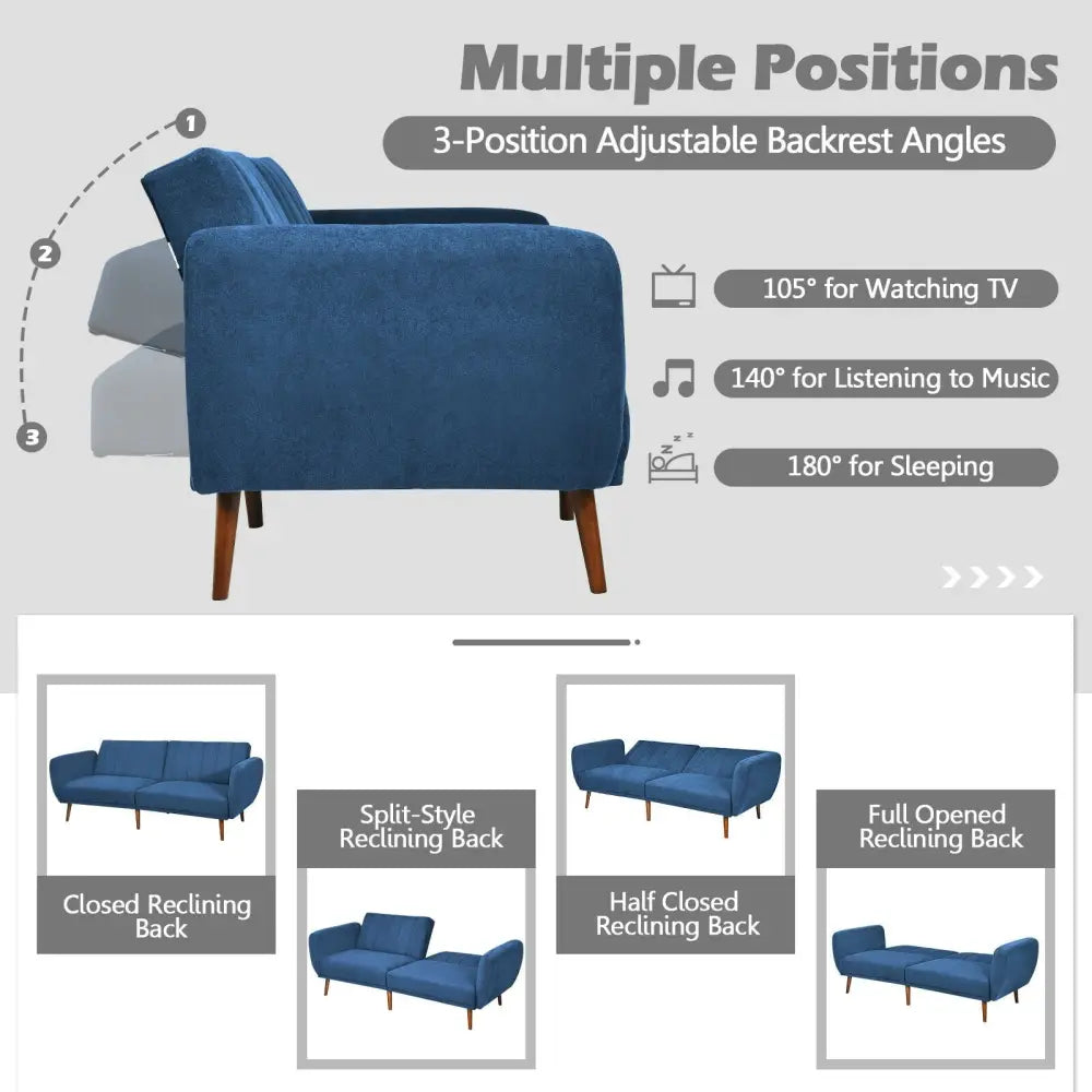 Convertible Futon Sofa Bed Adjustable Couch Sleeper with Wood Legs-Navy - Navy - Sofas & Loveseats