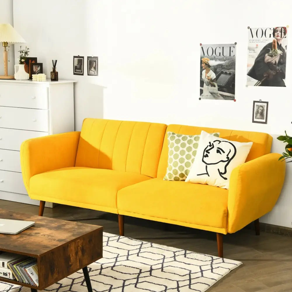 Convertible Futon Sofa Bed Adjustable Couch Sleeper with Wood Legs-Yellow - Yellow - Sofas & Loveseats