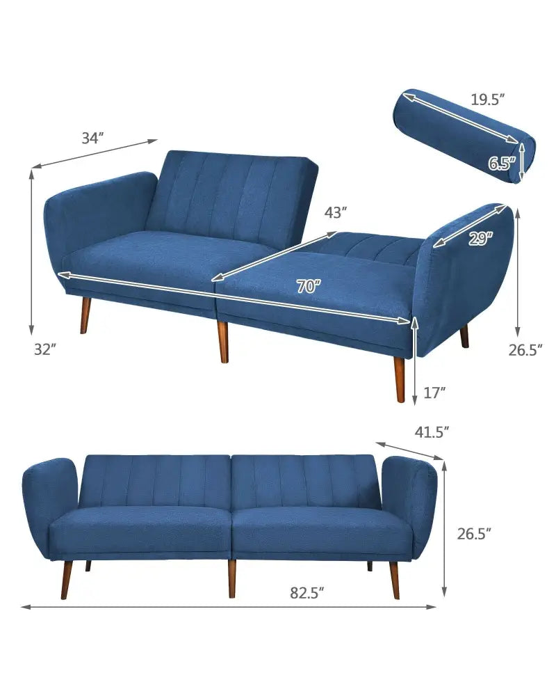 Convertible Futon Sofa Bed Adjustable Couch Sleeper with Wood Legs-Navy - Navy - Sofas & Loveseats