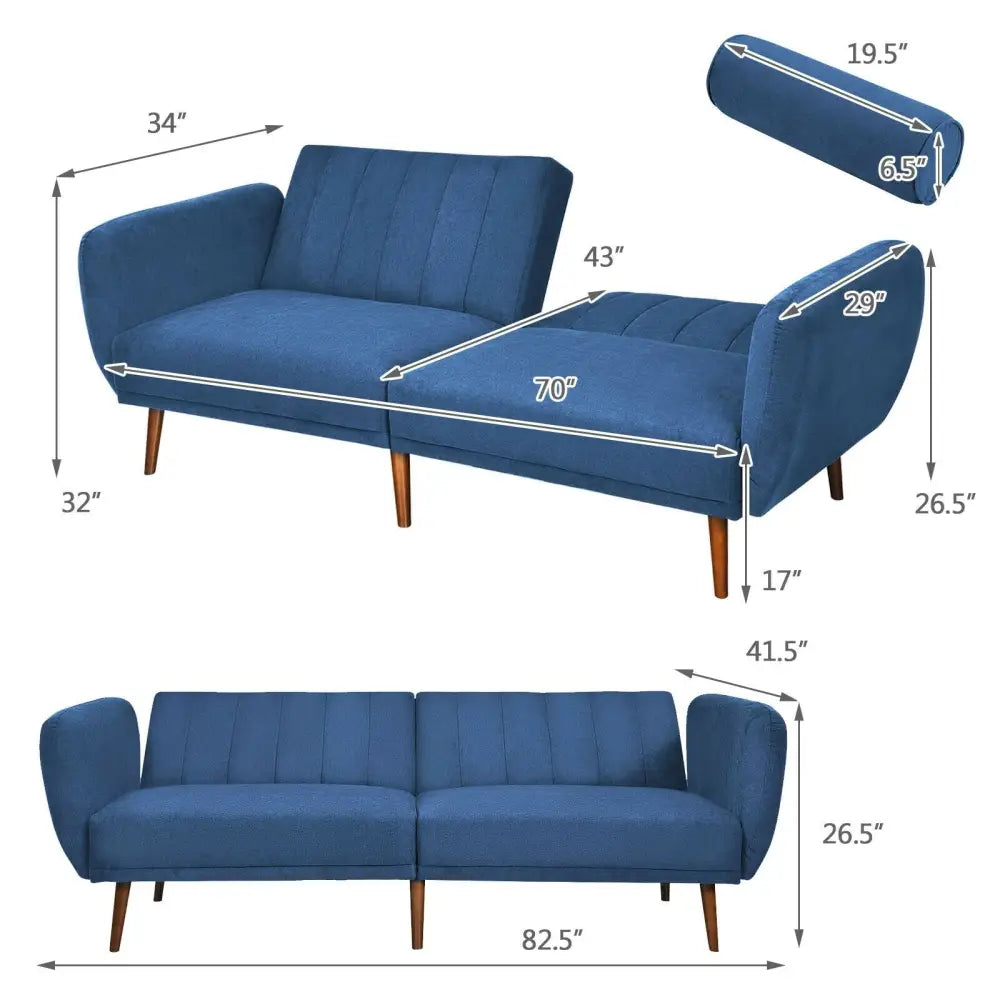 Convertible Futon Sofa Bed Adjustable Couch Sleeper with Wood Legs-Navy - Navy - Sofas & Loveseats