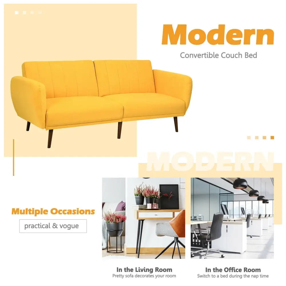 Convertible Futon Sofa Bed Adjustable Couch Sleeper with Wood Legs-Yellow - Yellow - Sofas & Loveseats