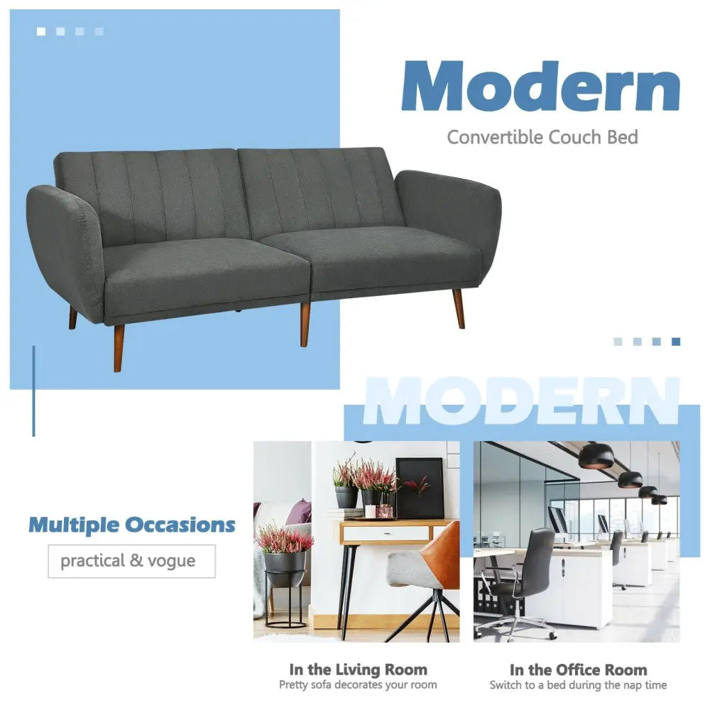 Convertible Futon Sofa Bed Adjustable Couch Sleeper with Wood Legs-Gray - Gray - Sofas & Loveseats