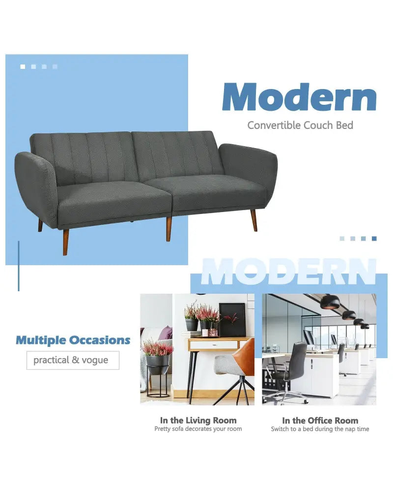 Convertible Futon Sofa Bed Adjustable Couch Sleeper with Wood Legs-Gray - Gray - Sofas & Loveseats