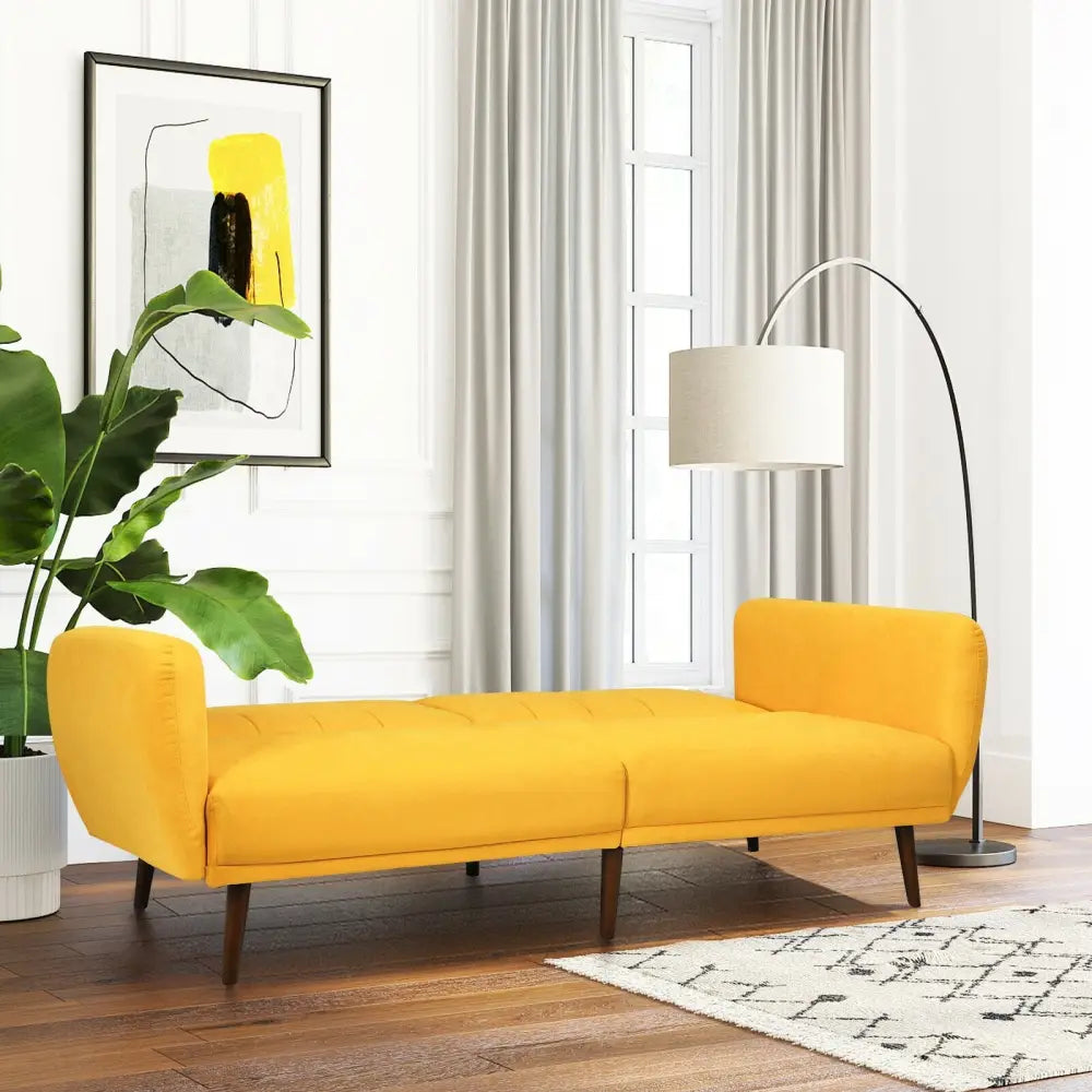 Convertible Futon Sofa Bed Adjustable Couch Sleeper with Wood Legs-Yellow - Yellow - Sofas & Loveseats