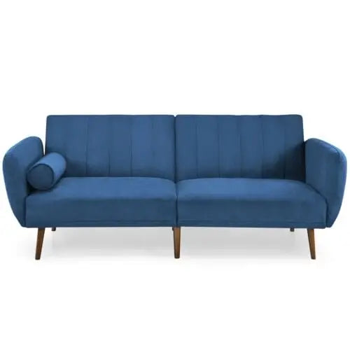 Convertible Futon Sofa Bed Adjustable Couch Sleeper with Wood Legs-Navy - Navy - Sofas & Loveseats