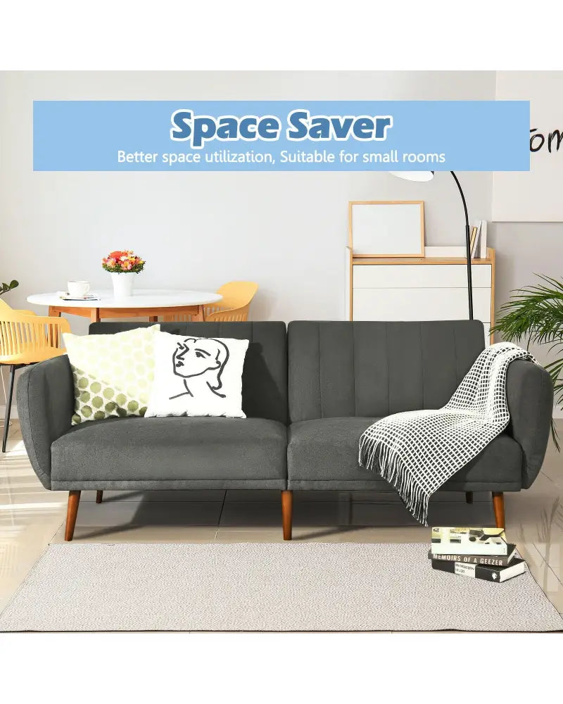 Convertible Futon Sofa Bed Adjustable Couch Sleeper with Wood Legs-Gray - Gray - Sofas & Loveseats