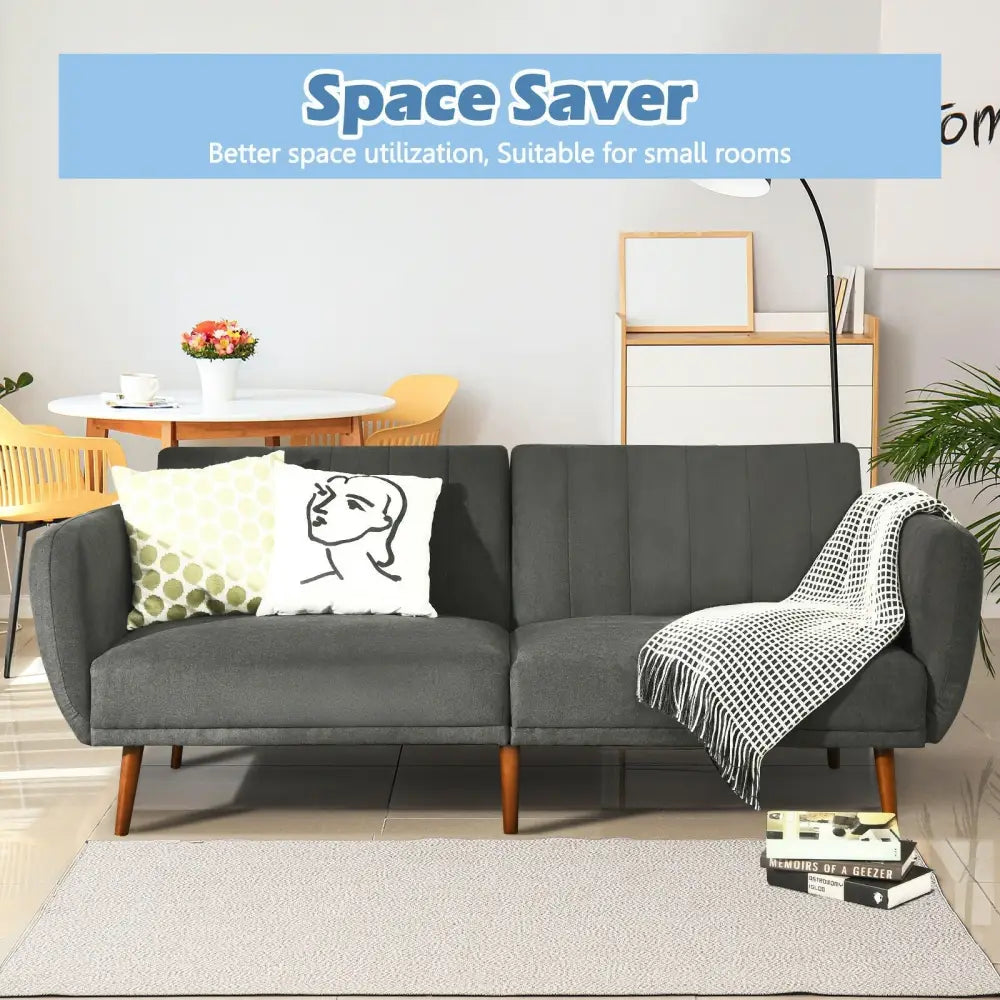 Convertible Futon Sofa Bed Adjustable Couch Sleeper with Wood Legs-Gray - Gray - Sofas & Loveseats