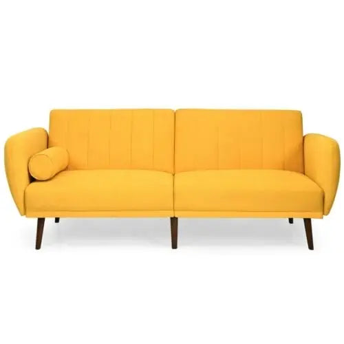 Convertible Futon Sofa Bed Adjustable Couch Sleeper with Wood Legs-Yellow - Yellow - Sofas & Loveseats
