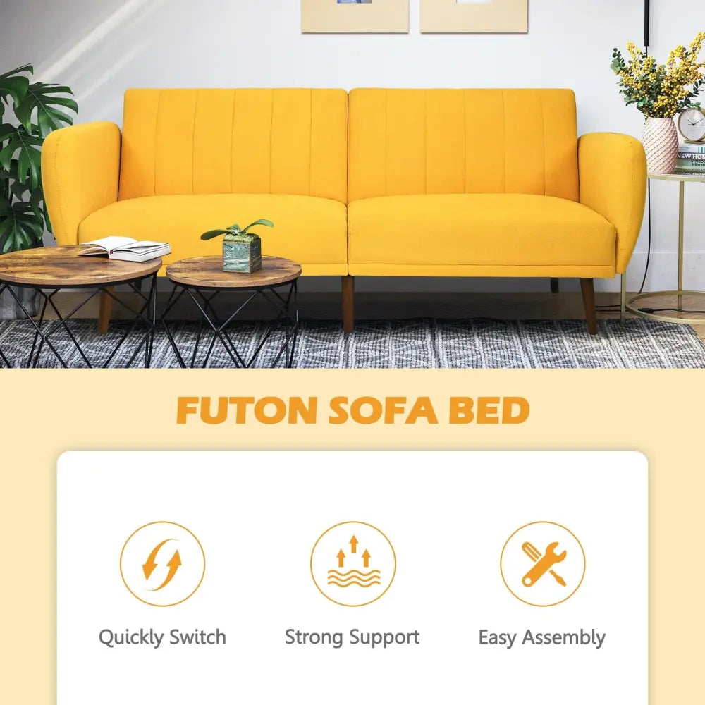 Convertible Futon Sofa Bed Adjustable Couch Sleeper with Wood Legs-Yellow - Yellow - Sofas & Loveseats
