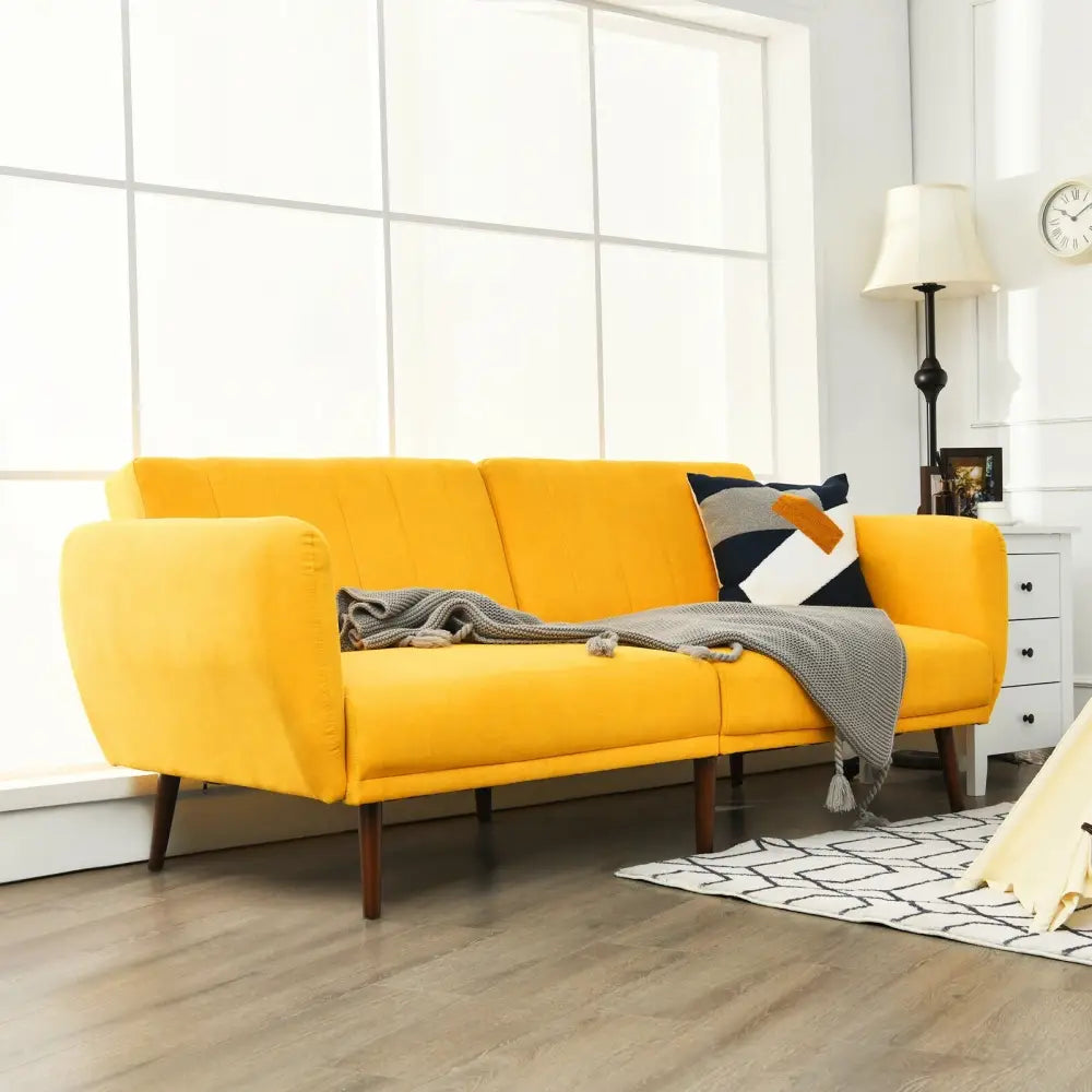 Convertible Futon Sofa Bed Adjustable Couch Sleeper with Wood Legs-Yellow - Yellow - Sofas & Loveseats