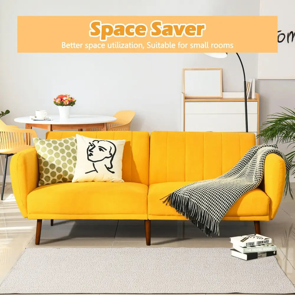 Convertible Futon Sofa Bed Adjustable Couch Sleeper with Wood Legs-Yellow - Yellow - Sofas & Loveseats