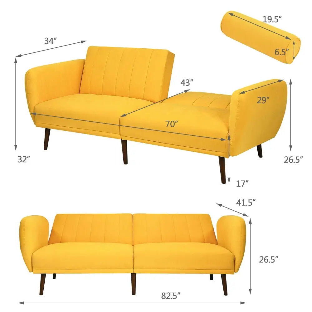Convertible Futon Sofa Bed Adjustable Couch Sleeper with Wood Legs-Yellow - Yellow - Sofas & Loveseats