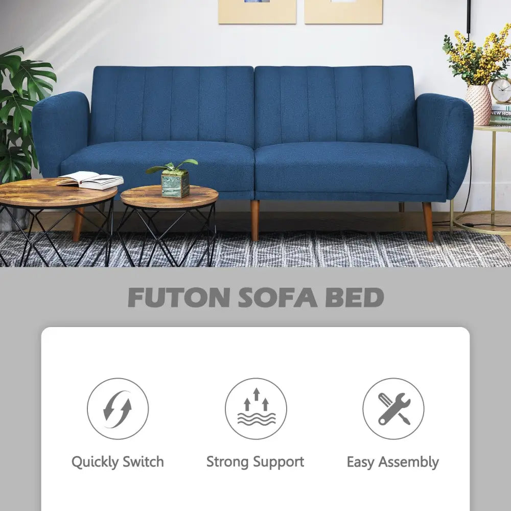 Convertible Futon Sofa Bed Adjustable Couch Sleeper with Wood Legs-Navy - Navy - Sofas & Loveseats