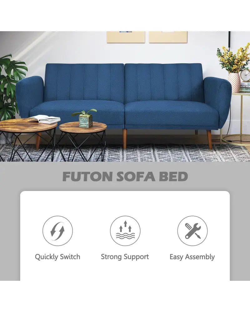 Convertible Futon Sofa Bed Adjustable Couch Sleeper with Wood Legs-Navy - Navy - Sofas & Loveseats