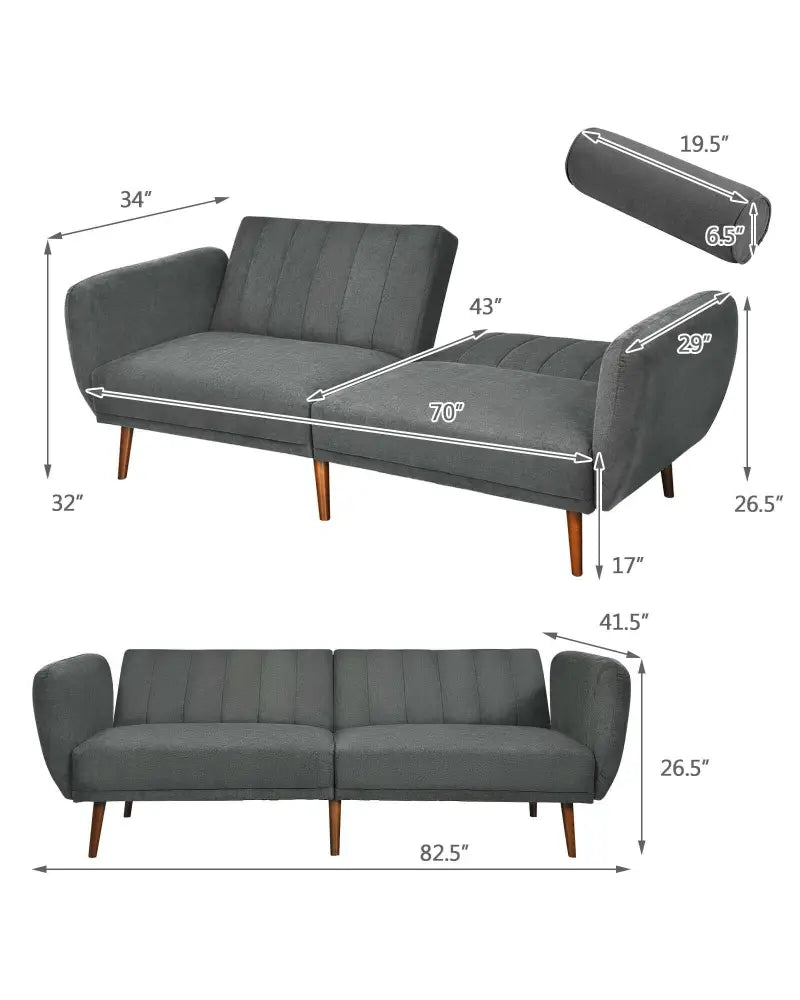 Convertible Futon Sofa Bed Adjustable Couch Sleeper with Wood Legs-Gray - Gray - Sofas & Loveseats